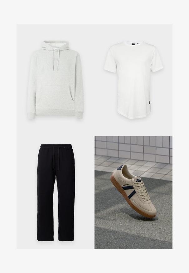 Lys grå hættetrøje med snøre i hætten, forlommer, ribbede manchetter og kant, samt et diskret logo præget på brystet.; Hvid kortærmet t-shirt lavet af bomuld, med rund halsudskæring og en let forlænget ryg, samt en lille logoaccent på siden.; Sorte sweatpants lavet af bomuld, med elastisk talje og snore, lige ben design, og uden synlige mønstre eller detaljer.; Beige sneaker med struktureret overflade, marineblå striber og gummisål. Har en polstret tunge og traditionelt snørresystem for en sikker pasform.