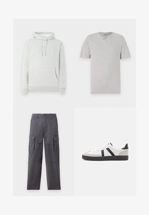 Hellgrauer Hoodie mit einer Kordelzugkapuze, Taschen vorne, gerippten Bündchen und Saum, sowie einem dezenten, eingeprägten Logo auf der Brust.; Kurzärmeliges T-Shirt in Grau- und Weißstreifen mit rundem Kragen und zwei Knopfdetails am Ausschnitt. Weicher Stoff mit lässiger Passform.; Hollister Co. SKATER BAGGY - Cargohose - grey; Weiße Sneaker mit schwarz- und grau-aczenten, ausgestattet mit einer strukturierten grauen Zehenkappe, schwarzer Gummi-Sohle und flachen weißen Schnürsenkeln. Sauberes Design, minimalistische Stil.