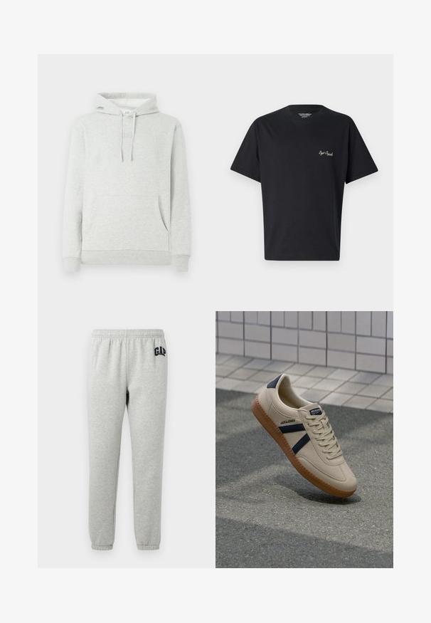 Sudadera gris claro con capucha ajustable, bolsillo delantero, puños y dobladillo acanalados, y un sutil logo grabado en el pecho.; Camiseta de algodón negra con cuello redondo, mangas cortas y un pequeño logo bordado en un color contrastante en el pecho.; Pantalones de chándal grises con cinturilla elástica, tobillos acampanados y un logo de "GAP" en navy en el muslo superior izquierdo. Tejido suave de mezcla de algodón.; Zapatilla beige con acabado texturizado, rayas azul marino y suela de goma. Presenta una lengüeta acolchada y un sistema de cordones tradicional para un ajuste seguro.