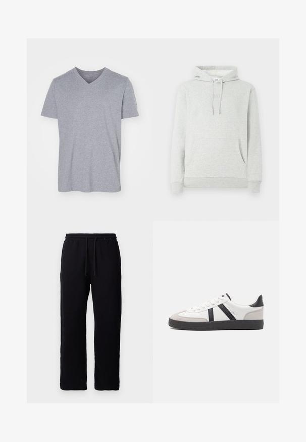 Hellgrauer Hoodie mit einer Kordelzugkapuze, Taschen vorne, gerippten Bündchen und Saum, sowie einem dezenten, eingeprägten Logo auf der Brust.; Graues Baumwoll-T-shirt mit V-Ausschnitt, kurzen Ärmeln und lockerem Schnitt. Weicher, leichter Stoff ohne sichtbare Muster oder Verzierungen.; Schwarze Sweatpants aus Baumwolle mit einem elastischen Bund und Kordelzügen, geradem Bein Design und ohne sichtbare Muster oder Akzente.; Weiße Sneaker mit schwarz- und grau-aczenten, ausgestattet mit einer strukturierten grauen Zehenkappe, schwarzer Gummi-Sohle und flachen weißen Schnürsenkeln. Sauberes Design, minimalistische Stil.