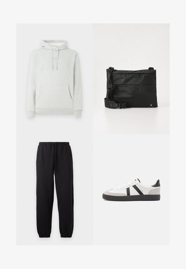 Sudadera gris claro con capucha ajustable, bolsillo delantero, puños y dobladillo acanalados, y un sutil logo grabado en el pecho.; Pantalones jogger negros hechos de una tela suave, con cintura elástica y cordón ajustable, y dobladillos en los tobillos.; Zapatilla blanca con acentos en negro y gris, que presenta una puntera texturizada en gris, suela de goma negra y cordones planos blancos. Diseño limpio, estilo minimalista.; Bolso mensajero de nylon negro con correa ajustable, diseño plano y una etiqueta lateral con un logo. Textura suave y estilo minimalista.