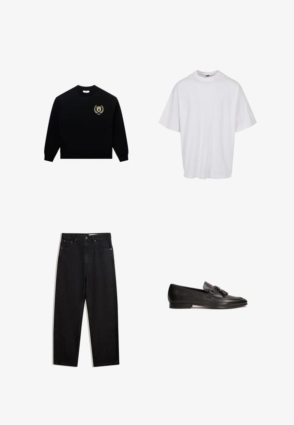 Sort sweatshirt i en blanding af bomuld, med rund halsudskæring og elastiske cuffs. Forsiden viser et guld- og hvidt skjoldlogo med laurbær-accenter.; Hvid bomulds t-shirt med rund hals og korte ærmer, der har en løs pasform og subtile syningsdetaljer.; Sorte denimbukser i bred benlængde. Har fem lommer, metalknaplukning og kontraststing. Glat tekstur, minimalistisk design.; Sorte læder loafers med flad hæl, der har en dekorativ kvast og spænde detalje foran, glat tekstur og strømlinet form.