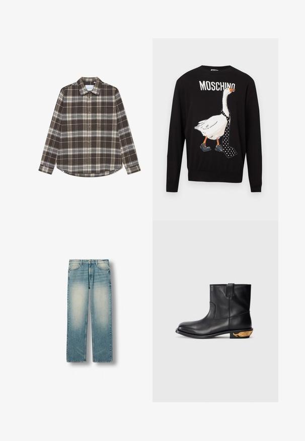 Sort sweater med et motiv af en gås iført slips med polkaprikker og sko. Fremstillet af et blødt stof med ribstrikket halsudskæring og kant.; Brunternet button-up skjorte lavet af flannel, med hvide og grå linjer, en spidse krave og en afrundet kant.; Lyseblå straight-leg jeans med slidte områder foran på lårene, frontlommer, bæltestropper og knaplukning.; Sort læder ankelstøvle med en glat overflade, rund tå og et guldfarvet hvalmotiv på hælen. Minimalistisk design.