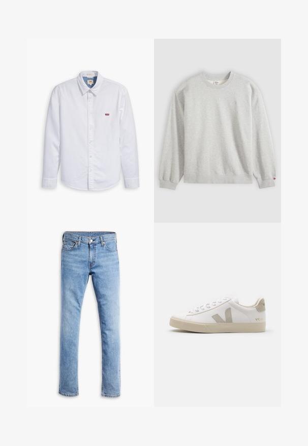 Hellgraues Sweatshirt mit Rundhalsausschnitt, langen Ärmeln, gerippten Bündchen und Saum sowie kleinem Markenlogo auf der linken Brust und dem Ärmel.; Weißes, langärmliges Hemd mit Knopfverschluss aus Baumwolle. Verfügt über einen spitzen Kragen und ein kleines rotes Levi's-Logo auf der linken Brust. Glatte Textur.; Hellblaue Slim-Fit-Jeans aus Denim mit fünf Taschen, Gürtelschlaufen und Knopfverschluss, flach auf einem weißen Hintergrund präsentiert.; Weiße Ledersneaker mit beigen Akzenten, flacher Gummisohle, runder Zehenpartie und kontrastierendem Logo an der Seite und Rückseite. Mit Schnürdesign.
