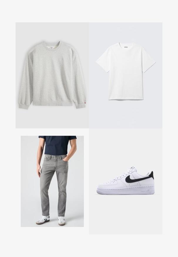 Lichtgrijze crewneck trui met lange mouwen, geribbelde boorden en zoom, en klein merklogo op de linkerborst en mouw.; Witte T-shirt met korte mouwen en ronde hals, plat gelegd, effen ontwerp, met een "WEEKDAY" label in de kraag op een lichte achtergrond.; Man draagt grijze slim-fit jeans, witte sneakers met zwarte strepen en een donkerblauw shirt met korte mouwen, staand met één hand in de zak.; Witte leren sneaker met een gestructureerde zwarte Swoosh, platte veters en een rubberen zool met een geribbeld patroon. "AIR" is in de hak geperst.
