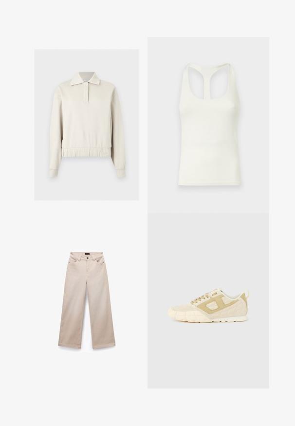 Beige pullover met lange mouwen, een kraag, een knoopsluiting aan de voorkant, geribde manchetten en een elastische tailleband tegen een effen achtergrond.; Witte tanktop gemaakt van gladde stof, met een racerback ontwerp en uitsneden. Eenvoudige, niet-versierde constructie.; Beige wijde broek van katoen met een gladde textuur. Beschikt over vijf zakken, riemlussen en zilverkleurige hardware aan de voorkant.; Sneaker met een bovenwerk van beige suède en mesh, voorzien van een dikke witte zool, ronde neus en vetersluiting. Heeft zijwaartse uitsnijdingen als accenten.