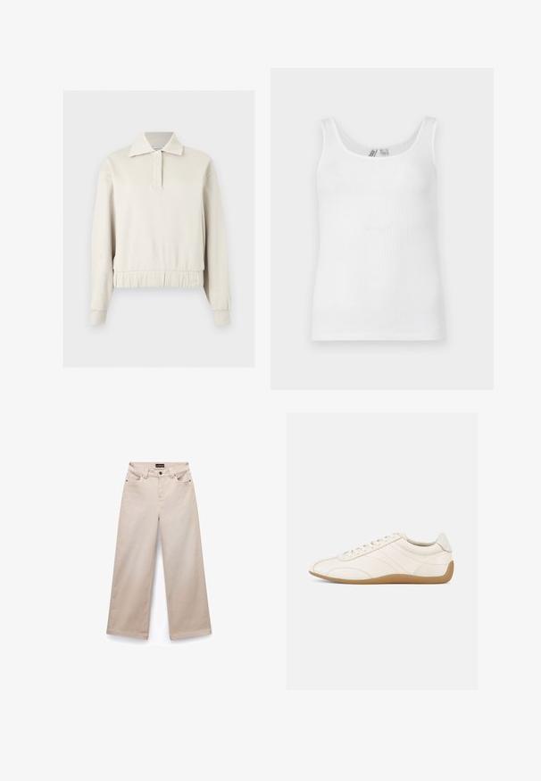 Jersey beige de manga larga con cuello, tapeta frontal, puños de canalé y cintura elástica sobre un fondo liso.; Camiseta sin mangas blanca con textura acanalada y escote redondeado, mostrada extendida sobre un fondo claro.; Pantalones de pierna ancha beige, hechos de algodón con una textura suave. Cuenta con cinco bolsillos, pasadores para cinturón y herrajes en tono plateado en la parte frontal.; Zapatilla deportiva de cuero blanco con textura suave, punta redondeada y costuras tono sobre tono. Cuenta con una suela de goma color cuero y cierre de cordones.