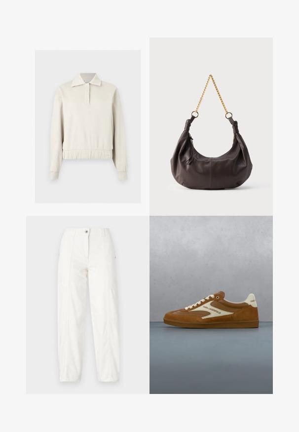 Beige langærmet pullover med krave, frontknapstolpe, ribstrikkede manchetter og elastisk taljebånd mod en ensfarvet baggrund.; Hvide cargo bukser med lige ben design, der har sidelommer, knaplukning og synlige sømdetaljer. Glat, slidstærkt stof.; Brun og beige Karl Lagerfeld sneakers med hvide snørebånd, svævende over en træflise og grå småsten udendørs gulv.; Blød, mørkebrun skuldertaske i læder med knyttede ender og en kort guldkæde som rem, mod en enkel lys baggrund.
