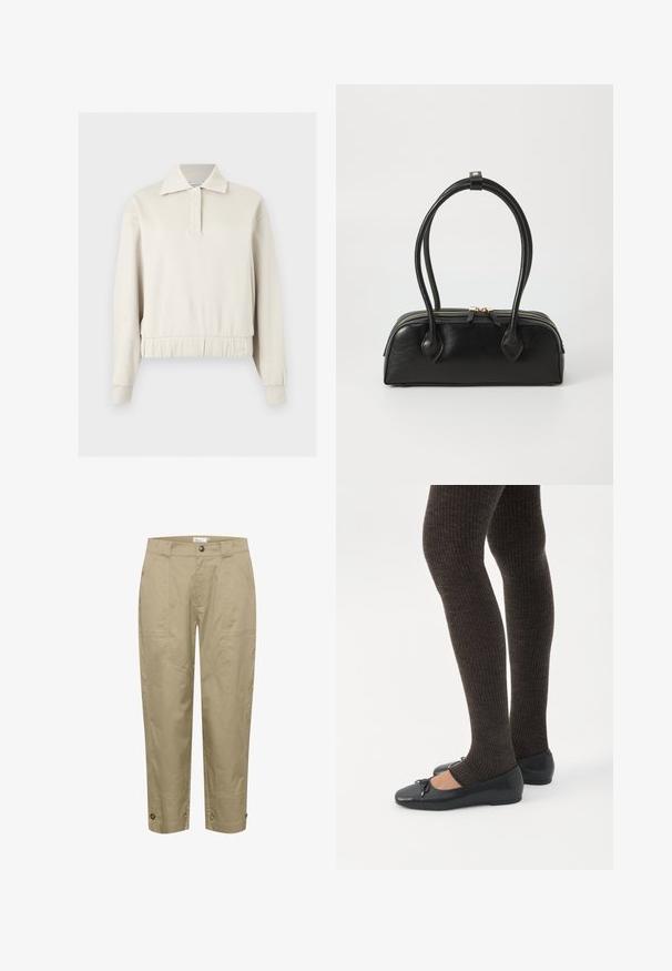 Beige langærmet pullover med krave, frontknapstolpe, ribstrikkede manchetter og elastisk taljebånd mod en ensfarvet baggrund.; Beige, lette bukser med lige pasform, der har sidelommer og knapdetaljer i kanten for justerbar pasform og stil.; Ben iført mørke ribbede leggings kombineret med sorte balletsko med små sløjfedetaljer på hvid baggrund.; Sort læder håndtaske med to langstrakte håndtag, lynlåslukning og afrundet form; glat tekstur med en subtil blank finish.