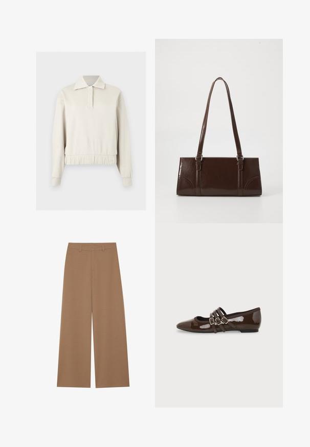 Beige langærmet pullover med krave, frontknapstolpe, ribstrikkede manchetter og elastisk taljebånd mod en ensfarvet baggrund.; Vide benbukser i en ensfarvet brun farve, lavet af et tekstureret stof; har høj talje og struktureret design med bæltestropper.; Brun laklæder flad sko med spids tå og tre justerbare spænder på siden, vist fra ydersiden.; Brun lakeret håndtaske med rektangulær form, to lange håndtag og subtile buede detaljer på fronten.