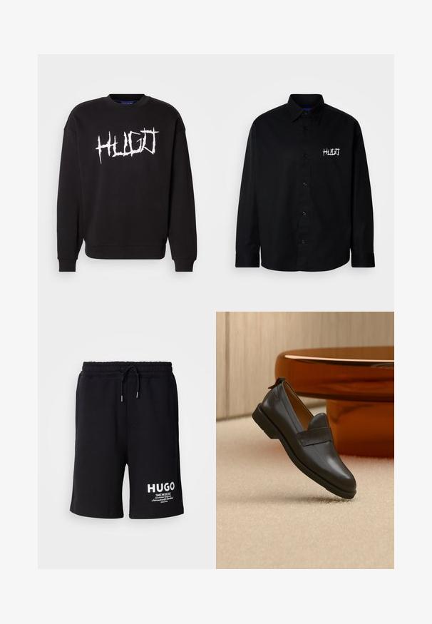Schwarzer Hoodie aus Baumwolle, mit Rundhalsausschnitt und langen Ärmeln. Weißes "HUGO"-Logo im Graffiti-Stil auf der Vorderseite.; Schwarzes Baumwollhemd mit Knopfleiste, Kragen und langen Ärmeln. Zeigt ein weiß besticktes Logo auf der linken Brustseite.; Schwarze Baumwollshorts mit einem elastischen Bund und Kordelzug. Weißes "HUGO"-Logo am linken Bein. Einfaches Design, knielanger Schnitt.; Schwarzer Lederloafer mit niedrigem Absatz, der über einem beigen Teppich schwebt, neben einem glänzenden bernsteinfarbenen Tisch in einem minimalistischen Raum.