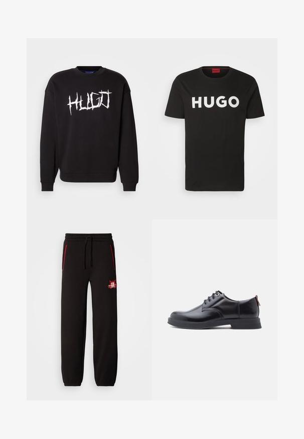 Čierna mikina vyrobená z bavlny, s kulatým výstrihom a dlhými rukávmi. Biele logo "HUGO" v graffiti štýle na prednej strane.; Čierne bavlnené tričko s okrúhlim výstrihom a krátkymi rukávmi, zdobené výrazným bielym logom "HUGO" na prednej strane.; Čierne tepláky s elastickým pásom, červenými zipsami ako akcentmi a výrazným vyšitým logom na ľavom stehne. Hladká textúra, zúžený strih.; Čierne kožené šnurovacie topánky s hladkou textúrou, zaoblenou špičkou a jemnými švami. Na päte je červené sťahovacie očko.