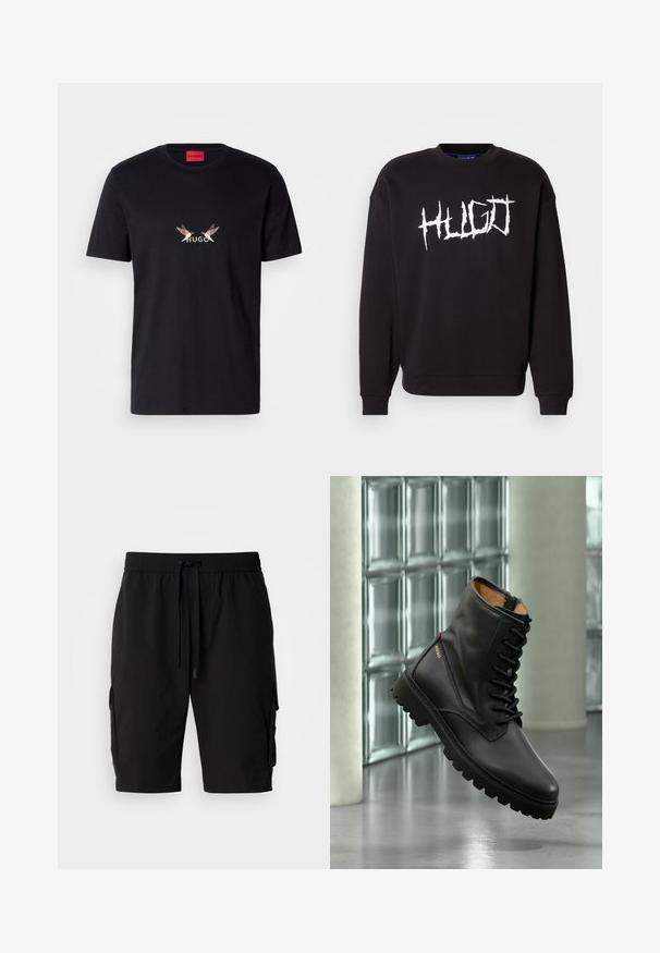 Sudadera negra de algodón, con cuello redondo y mangas largas. Logo blanco "HUGO" en estilo graffiti en la parte delantera.; Camiseta de algodón negra con un gráfico frontal que presenta la palabra "HUGO" y dos diseños estilizados de aves en colores claros y oscuros.; Pantalones cortos cargo negros hechos de tejido ligero, con una cinturilla elástica, cordón y bolsillos laterales cargo para almacenamiento adicional.; Bota de combate de cuero negro con cordones y suela gruesa, logotipo dorado "HUGO" en el lateral, mostrada en un ambiente interior moderno con pared de bloques de vidrio de fondo.