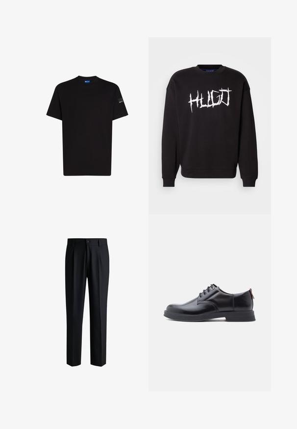 Schwarzer Hoodie aus Baumwolle, mit Rundhalsausschnitt und langen Ärmeln. Weißes "HUGO"-Logo im Graffiti-Stil auf der Vorderseite.; Schwarzes Baumwoll-T-Shirt mit kurzen Ärmeln, Rundhalsausschnitt und einem kleinen Etikettakzent auf dem linken Ärmelsaum. Angenehme Textur, normale Passform.; Schwarze Hose aus glattem Stoff, mit geradem Bein-Design, Falten vorne und einem Knopfverschluss mit Gürtelschlaufen.; Schwarze Leder-Schnürschuhe mit glatter Textur, rundem Zehenbereich und dezenten Ziernähten. Mit einem roten Laschenband an der Ferse.