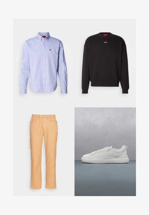 Sudadera negra de mezcla de algodón, con cuello redondo, hombros caídos y un pequeño logotipo blanco "HUGO" en el pecho.; Camisa de botones azul claro con mangas largas, un bolsillo en el pecho y una etiqueta de marca en rojo. Hecha de una tela suave con un cuello clásico.; Pantalones de algodón color beige con diseño de pierna recta, que presentan bolsillos frontales y un bolsillo de carga lateral. Cierre clásico de botón en la cintura.; Zapatilla blanca con un acabado de cuero liso, punta redonda, cuatro ojales, perforaciones sutiles y un detalle de logo rojo en el lateral.