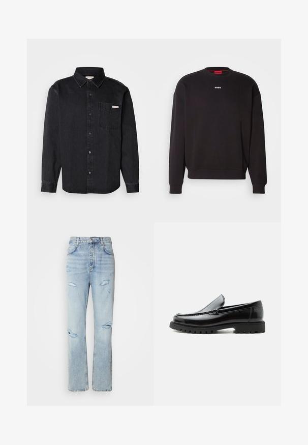 Zwarte sweatshirt van een katoenmix, met een ronde hals, verlaagde schouders en een klein wit "HUGO" logo op de borst.; Zwarte spijkerblouse met een puntkraag, lange mouwen, een enkele borstzak en een klein merkembleem op de zak.; Licht gewassen denim jeans met een ontspannen pasvorm, voorzien van versleten plekken en rafelige randen. De stof heeft een zachte, gladde textuur.; Zwarte leren loafer met dikke rubberen zool, gestikte bovenkant en gegraveerde merknaam op de hiel, zijaanzicht op witte achtergrond.