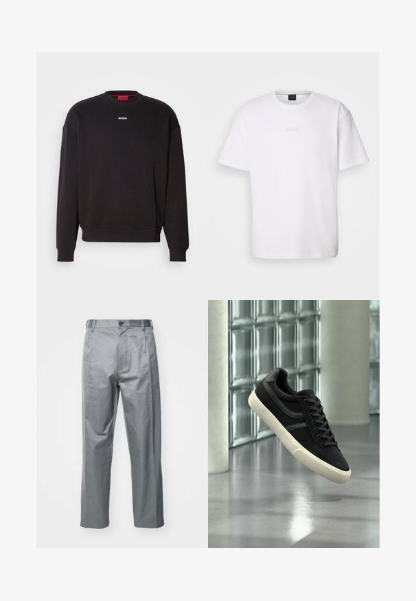 Svart hettegenser laget av bomullsblanding, med rund hals, drop shoulders, og en liten hvit "HUGO" logo på brystet.; Hvit bomulls T-skjorte med korte ermer, rund halslinje og preget "BOSS" logo på brystet. Glatt tekstur, standard passform.; Grå bomullsmiks bukser med rett ben-design, som har knappelukking foran, beltehemper og sidelommer.; Svart lav sneaker med hvit såle og lisser, merket "BOSS", svevende innendørs nær glassblokkvinduer og betongsøyler.