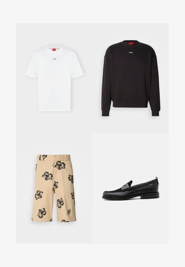 Schwarzes Sweatshirt aus Baumwollmischung mit Rundhalsausschnitt, überschnittenen Schultern und einem kleinen weißen "HUGO"-Logo auf der Brust.; Weißes T-Shirt mit kurzen Ärmeln und kleinem schwarzem "HUGO" Logo mittig auf der Brust und einem roten Etikett innen im Kragen.; Beige Shorts mit schwarzem Hibiskus-Blumenmuster. Mit elastischem Bund und einem Logodetail an der unteren Seite. Aus leichtem Stoff gefertigt.; Schwarzer Lederloafer mit grauem Riemendetail, niedrigem Absatz und strukturierter Sohle, seitlich mit „HUGO“ in Gold gebrandmarkt.