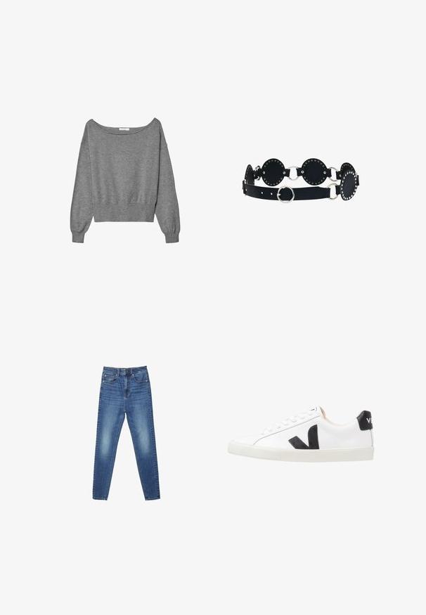 Grau geschnittenes Sweatshirt aus weichem Stoff, mit einem schulterfreien Design, langen Ballonärmeln und einem gerippten Saum.; Blaue, hoch taillierte, schmal geschnittene Jeans aus Denim mit Taschen vorne und hinten, Knopfverschluss sowie dezenten Verwaschungen an Oberschenkeln und Knien.; Weißer Sneaker mit einem schwarzen V-Logo, ausgestattet mit einem glatten Lederoberteil, runder Zehenpartie, Schnürverschluss und kontrastierendem schwarzen Fersenbereich.; Schwarzer Leder-Gürtel mit runden Ausschnitten, silbernen Nieten entlang der Ränder und Metallringen, die die Segmente verbinden. Verstellbarer Schnallenverschluss.