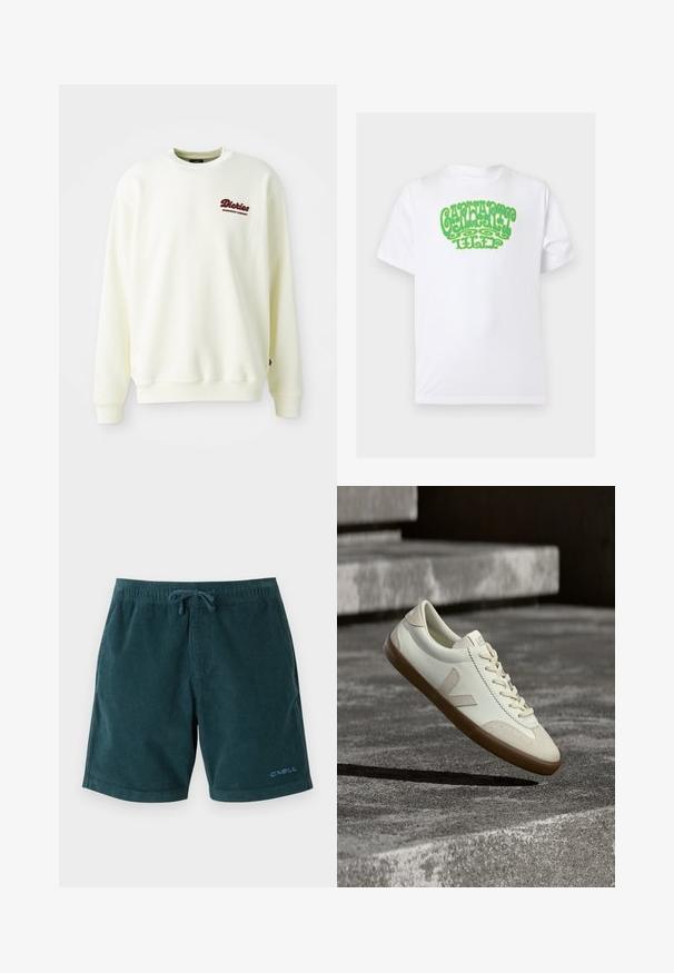 Cremfarvet sweatshirt lavet af blødt stof, med rund halsudskæring og ribbede manchetter. Viser et maroon logo på venstre bryst.; Hvid T-shirt med korte ærmer og grøn stiliseret tekst "CAMPAYOTIC" trykt over brystet på en ensfarvet baggrund.; Mørkegrønne kordfløjsbadetights med elastisk talje og snøre. Har logo på den nederste højre ben. Glat tekstur, knælangt design.; Hvide læder sneakers med tanfarvet gummisål, flade snørebånd og V-formet detalje på siden. Har en glat overflade og minimale syninger.
