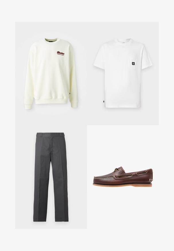 Sweatshirt couleur crème en tissu doux, présentant un col rond et des poignets côtelés. Affiche un logo bordeaux sur le côté gauche de la poitrine.; T-shirt en coton blanc avec encolure ronde, manches courtes et une poche poitrine ornée d'un patch logo noir. Texture lisse, coupe décontractée.; Pantalon gris foncé à jambes droites avec un devant plat et sans poches visibles, présenté sur un fond blanc uni.; Chaussure bateau en cuir marron avec coutures blanches, détails de lacets et semelle en caoutchouc beige, vue de côté sur fond blanc.