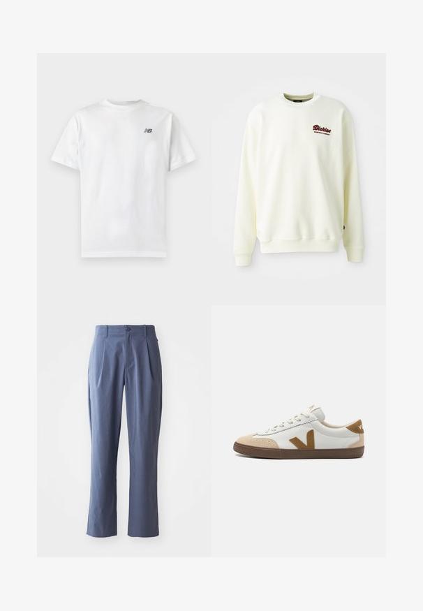 Cremfarvet sweatshirt lavet af blødt stof, med rund halsudskæring og ribbede manchetter. Viser et maroon logo på venstre bryst.; Hvid t-shirt med korte ærmer og rund halsudskæring med et lille sort New Balance-logo på øverste venstre bryst på en ensartet lys baggrund.; Mørkeblå bukser med læg, lige snit, lavet af letvægtsstof, med en enkelt frontknaplukning og bæltestropper.; Hvide sneakers med tan ruskindsdetaljer, der har en tekstureret brun gummisål, snørelukning og et logo på hælen.
