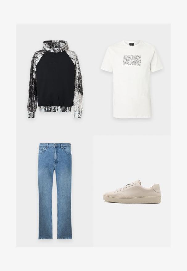 Sort hættetrøje med en struktureret sort front og kontrasterende ærmer med mønster i grå og hvid, der ligner træbark. Justerbar hætte.; Hvid T-shirt med kortærmet, rund hals og et sort-hvidt abstrakt grafikmotiv med overlappende "A" og "X" bogstaver, placeret midt på brystet.; Lysblå denim jeans med lige snit, fem lommer, lynlås og kontrastsyninger. Stoffet har en glat, tekstureret overflade.; Beige lædersneakers med en glat finish, rund tå, flad sål og klassisk snøredesign. Subtile syninger og struktureret ydersål.