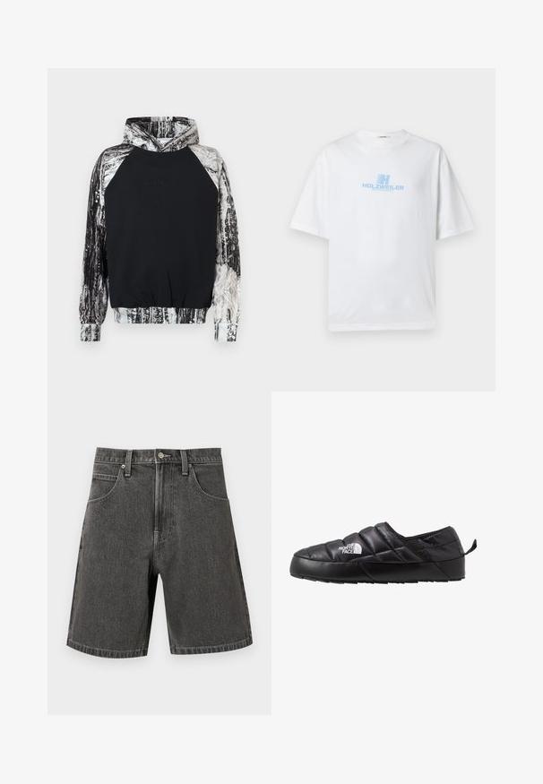 Schwarzer Hoodie mit strukturiertem schwarzem Vorderteil, mit kontrastierenden Ärmeln in Grau und Weiß, die Baumrinde ähneln. Verstellbare Kapuze.; Weißes Baumwoll-T-Shirt mit lockerem Schnitt, auf der Vorderseite mit einem blauen "HOLZWEILER WINTERSPORT"-Logo bedruckt. Kurze Ärmel, Rundhalsausschnitt.; Dunkelgraue Denim-Shorts mit Frontknopf, Reißverschluss, Gürtelschlaufen und zwei Vordertaschen, vor einem einfarbigen Hintergrund angezeigt.; Schwarzer Slipper mit gestepptem Design, aus gepolstertem Material gefertigt. Verfügt über eine strukturierten Gummisohle und eine kleine Lasche hinten.