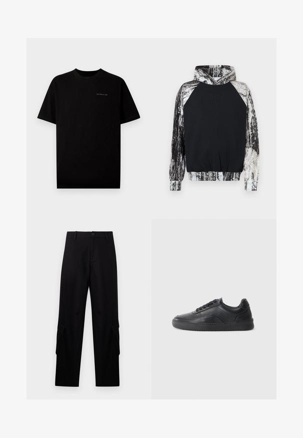 Zwarte hoodie met een getextureerde zwarte voorkant en contrasterende mouwpatronen in grijs en wit die op boomschors lijken. Verstelbare capuchon.; Zwarte katoenen T-shirt met korte mouwen en een ronde hals. Kenmerkt zich door een klein logo "Last Resort AB" dat in een lichte kleur op de borst is geborduurd.; Zwarte cargobroek met rechte pijpen, riemlussen, een knoopsluiting aan de voorkant, ritssluiting en klepzakken op elke dij.; Zwarte leren sneaker met een gladde afwerking, ronde neus, textuurpaneel aan de zijkant en zwarte veters. Voorzien van een platte rubberen zool en een minimalistisch ontwerp.
