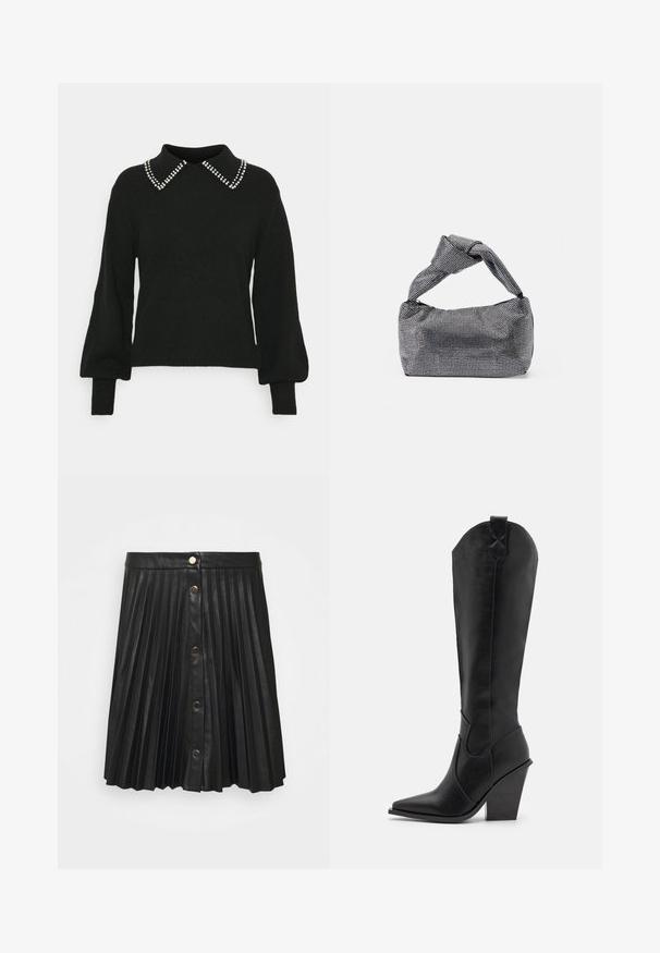 JDY JDYAUBRAY LIFE - Trui - black; VILA VIAMINA BUTTON SKIRT - Minirok - black; RAID SURREY - Cowboy-/Bikerlaarzen - black; Zwarte en zilveren handtas met een gestructureerd oppervlak dat een diamanten patroon vertoont, een geknoopt handvat en een gestructureerde vorm.