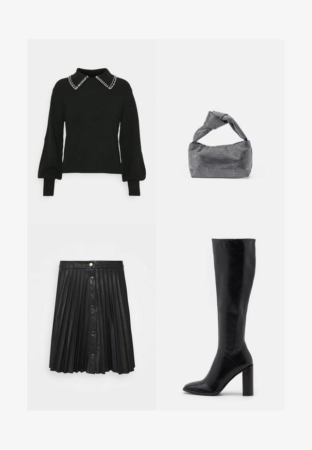 JDY JDYAUBRAY LIFE - Džemper - black; VILA VIAMINA BUTTON SKIRT - Miniseelik - black; Põlve kõrgused mustad nahast saapad terava nina ja jämeda kontsaga. Sile tekstuur minimaalsete aktsentidega ja sobiva varre disainiga.; Must musta ja hõbedane käekott, millel on tekstureeritud pind, millel on teemanti muster, sõlmega käepide ja struktureeritud kuju.
