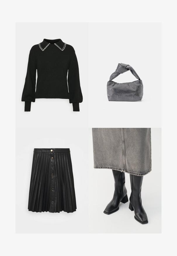 JDY JDYAUBRAY LIFE - Trui - black; VILA VIAMINA BUTTON SKIRT - Minirok - black; Zwarte laarzen tot de knie van soepel leer met een vierkante neus en blokhak. Draag ze met een grijze denim rok met een rafelige zoom.; Zwarte en zilveren handtas met een gestructureerd oppervlak dat een diamanten patroon vertoont, een geknoopt handvat en een gestructureerde vorm.