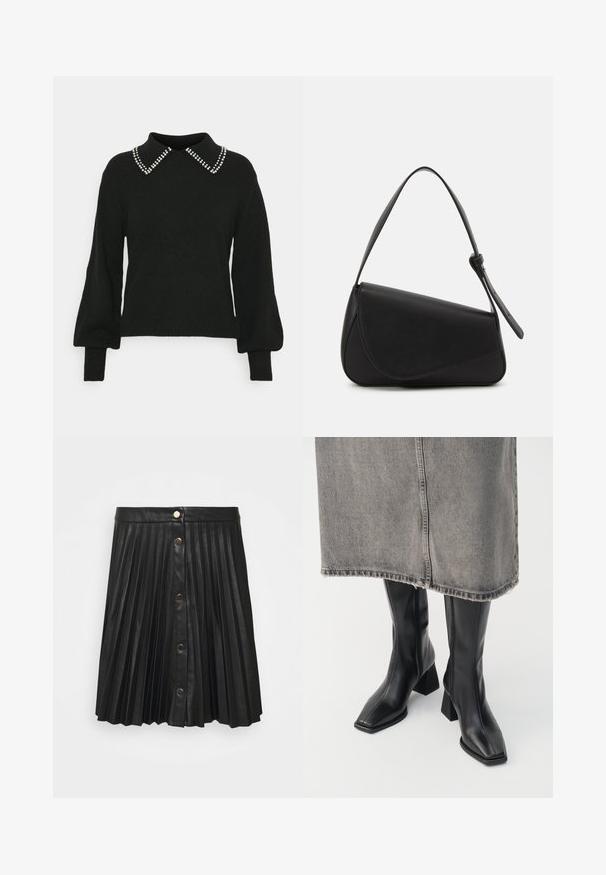 JDY JDYAUBRAY LIFE - Striktrøje - black; VILA VIAMINA SHORT BUTTON COATED SKIRT - Pliceret nederdel /Nederdele med folder - black; Sorte knæhøje støvler i glat læder med firkantet tå og blokeret hæl. Båret med en grå denimnederdel med flosset kant.; Sort læderhåndtaske med en triangular form, skrå klap og et rundt håndtag. Har en glat overflade og minimalistiske design detaljer.