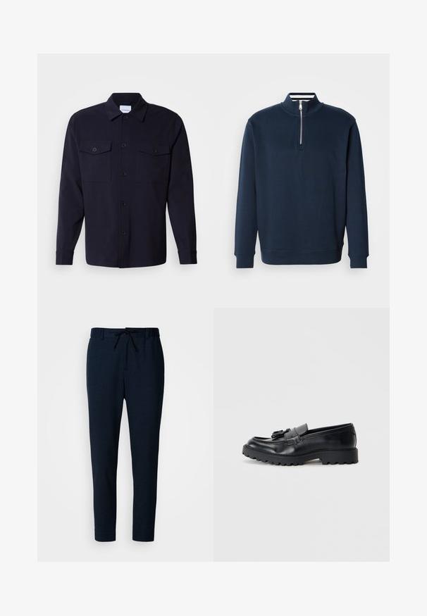 Sudadera azul marino con cuello alto y media cremallera. Fabricada con tela suave, cuenta con puños y dobladillo acanalados para un ajuste cómodo.; Chaqueta de camisa azul marino hecha de una tela suave, con dos bolsillos en el pecho, un frente abotonado y mangas largas con puños abotonados.; Pantalones azul marino hechos de un tejido suave y ligero. Cuentan con cintura ajustable con cordón, piernas entalladas y una textura lisa.; Mocasines de cuero negro con un acabado brillante, suela de goma gruesa y detalle decorativo de borlas en la parte delantera.