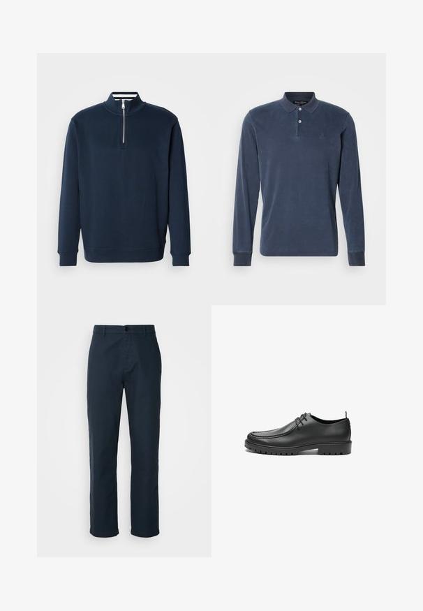 Sweat-shirt bleu marine avec un col montant et une demi-fermeture éclair. Confectionné dans un tissu doux, avec des poignets et un ourlet côtelés pour un ajustement serré.; Polo à manches longues en bleu marine, fabriqué en coton doux. Doté d'un col classique, d'une patte de boutonnage à deux boutons et d'un logo brodé discret.; Chinos bleu marine en tissu de coton, avec une coupe droite, fermeture à bouton et poches latérales pour plus de praticité.; Chaussures en cuir noir avec une finition lisse, bout arrondi et coutures décoratives. Elles possèdent une semelle en caoutchouc avec des rainures de traction et un laçage.