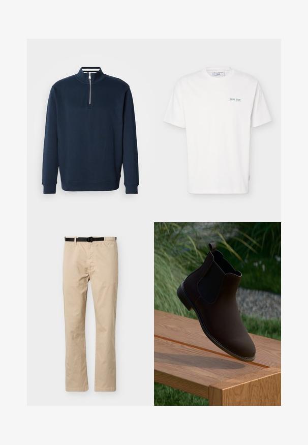 Sweat-shirt bleu marine avec un col montant et une demi-fermeture éclair. Confectionné dans un tissu doux, avec des poignets et un ourlet côtelés pour un ajustement serré.; T-shirt blanc à manches courtes avec col rond, avec un petit texte vert "JUICE IT UP Marc O'Polo Denim" sur la partie gauche de la poitrine.; Pantalon beige à jambes droites avec ceinture noire ajustable, taille élastique d'un côté et couture décorative à l'avant.; Botte cheville en cuir marron avec des panneaux élastiques sur les côtés, bout rond, petit talon et une languette pour un enfilage facile, reposant sur une surface en bois.