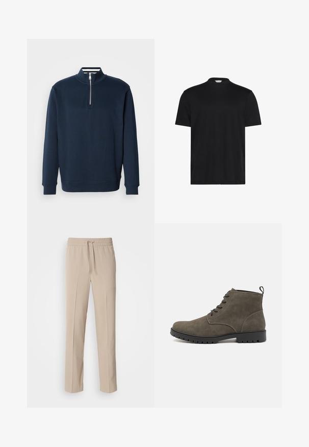 Marineblauer Pullover mit hohem Kragen und halbem Reißverschluss. Hergestellt aus weichem Stoff, mit gerippten Bündchen und Saum für eine körpernahe Passform.; Schwarzes T-Shirt mit kurzem, hohem Kragen. Aus weichem Stoff gefertigt, verfügt es über kurze Ärmel und eine lässige Passform ohne auffällige Muster oder Akzente.; Beige, locker sitzende Hosen aus weichem Stoff, mit einem elastischen Bund und Kordelzug sowie geraden Beinen mit minimalen Akzenten.; Olivgrüne Wildleder-Stiefeletten mit einer schwarzen Gummisohle, sechsfache Schnürung und einer Zuglasche an der Ferse für ein einfaches An- und Ausziehen.