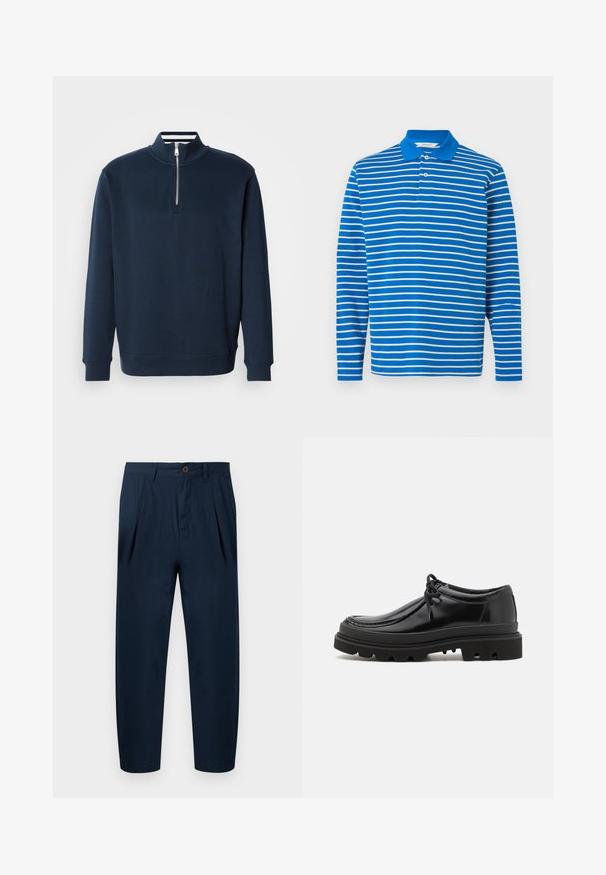 Marineblå sweatshirt med høj krave og halvlukning med lynlås. Fremstillet af blødt stof med ribstrikkede ærmeafslutninger og kant for en tætsiddende pasform.; Langærmet poloshirt med blå base og tynde hvide vandrette striber, der har en klassisk krave og en lukning med tre knapper.; Mørkeblå skræddersyede bukser med bæltestropper, knap foran, lynlåslukning og sidelommer, vist fladt på en hvid baggrund.; Sorte læder derby-sko med et strømlinet design, rund tå og struktureret gummisål med dybe riller for bedre greb.