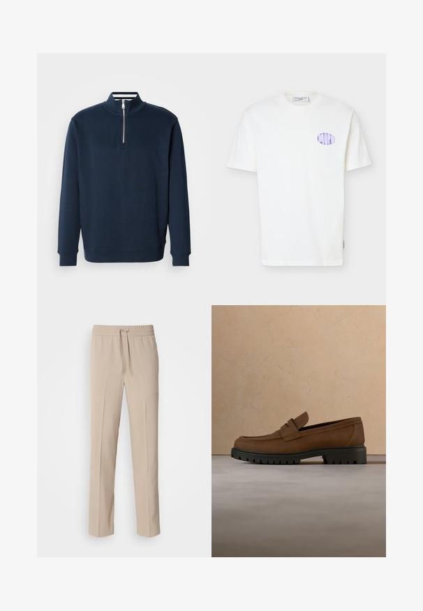 Marineblauwe sweater met een hoge kraag en een halve rits. Gemaakt van zachte stof, met geribbelde manchetten en zoom voor een aansluitende pasvorm.; Wit katoenen T-shirt met korte mouwen, met een lila ovale logo op de linkerborst en een ronde hals.; Beige, relaxte broek gemaakt van zachte stof, met een elastische tailleband met een trekkoord en rechte pijpen met minimale accenten.; Donkerbruine leren loafer met dikke zwarte rubberen zool, getoond boven een beige tapijt en bankachtergrond.