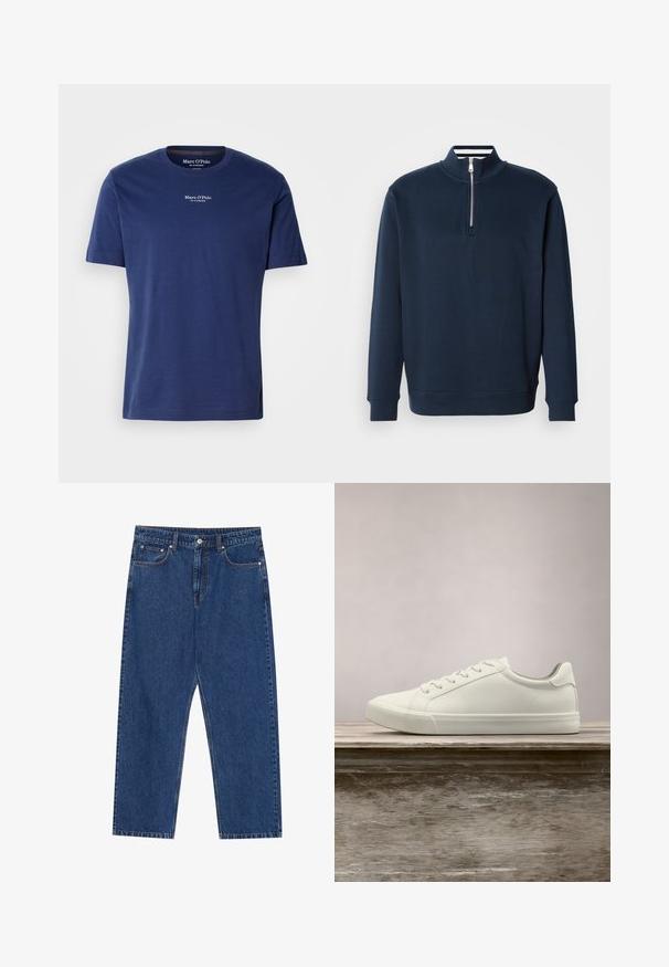 Marineblauwe sweater met een hoge kraag en een halve rits. Gemaakt van zachte stof, met geribbelde manchetten en zoom voor een aansluitende pasvorm.; Donkerblauwe katoenen T-shirt met korte mouwen, ronde halslijn en een klein wit logo op de borst. Gladde textuur en een relaxte pasvorm.; Donkerblauwe denim jeans met een rechte pijp, voorzakken en een knoopsluiting met contrasterende stiksels.; Witte vetersneaker die boven een houten bank zweeft met groene bladeren op de achtergrond, waarbij het ontwerp en de textuur van de schoen worden getoond.