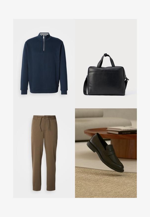Marineblauwe sweater met een hoge kraag en een halve rits. Gemaakt van zachte stof, met geribbelde manchetten en zoom voor een aansluitende pasvorm.; Bruine, taps toelopende sweatpants met elastische tailleband en trekkoord. Zachte, gladde textuur, met zijzakken en een eenvoudig ontwerp.; Zwarte leren loafer schoen getoond in de lucht boven een beige geweven tapijt, met een houten tafel en gestapelde boeken in een zacht verlichte woonkamer.; Zwarte leren duffeltas met een rechthoekige vorm, dubbele handvatten, een afneembare schouderriem en minimale versieringen.