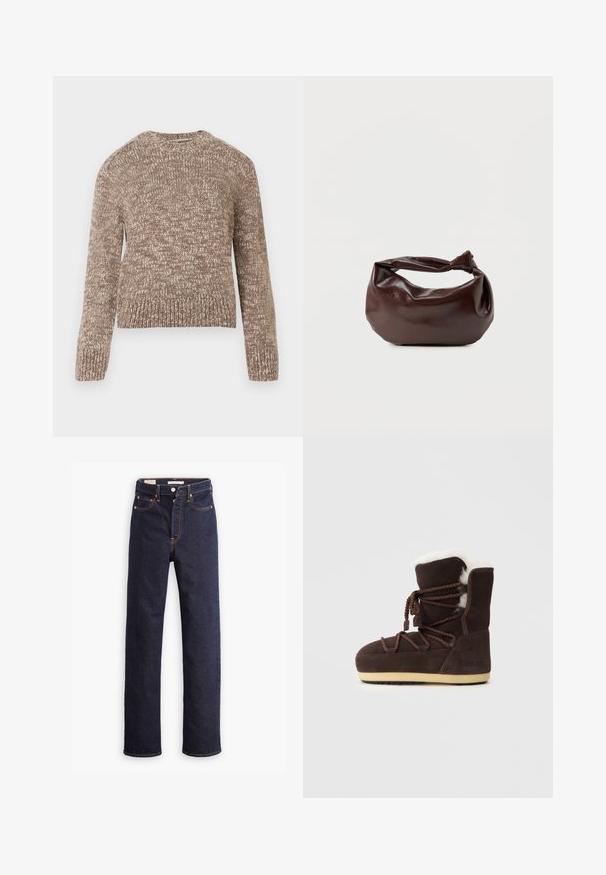 Pull en tricot marron avec un motif texturé, col rond et manches longues. Ourlet et poignets côtelés. Tissu doux et épais.; Jean en denim droit bleu foncé avec cinq poches et coutures orange visibles sur un fond blanc.; Botte en suede marron avec un dessus en fausse fourrure blanche, des liens en dentelle et une semelle en caoutchouc beige. Le côté présente le texte "MOON BOOT."; Sac bandoulière en cuir marron foncé avec une forme souple et décontractée et une anse nouée torsadée sur un fond blanc uni.