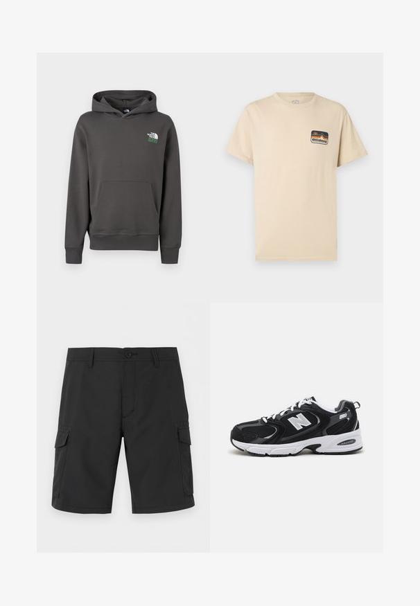Sweat à capuche gris charbon avec poche avant et logo "The North Face 1966" sur le haut gauche de la poitrine.; T-shirt beige à manches courtes avec un petit logo coloré Billabong Adventure Division sur le côté gauche de la poitrine.; Short cargo noir longueur genou avec passants de ceinture, fermeture à boutons, poches avant et poches à rabat des deux côtés.; Baskets de sport noires et grises avec un tige en mesh et en suède, présentant une semelle intermédiaire blanche, des lacets et un logo "N" audacieux sur le côté.