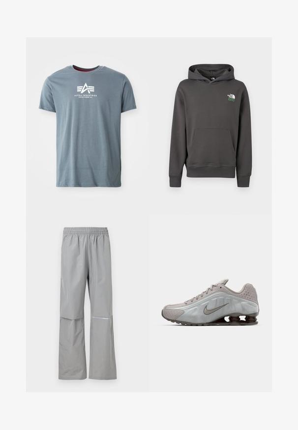 Koksgrå hættetrøje med forlomme og "The North Face 1966"-logo på øverste venstre bryst.; Grå bomulds t-shirt med rund halsudskæring og korte ærmer. Forsiden viser et hvidt logo med trekantet design og tekst.; Lysegrå vandtætte regnbukser med elastisk talje og refleksstribe på højre ben, designet til udendørs brug.; Nike løbesko i lysegrå med en glat tekstur, buet design og synlige støddæmpningsfjeder i mørkebrun ved hælen.