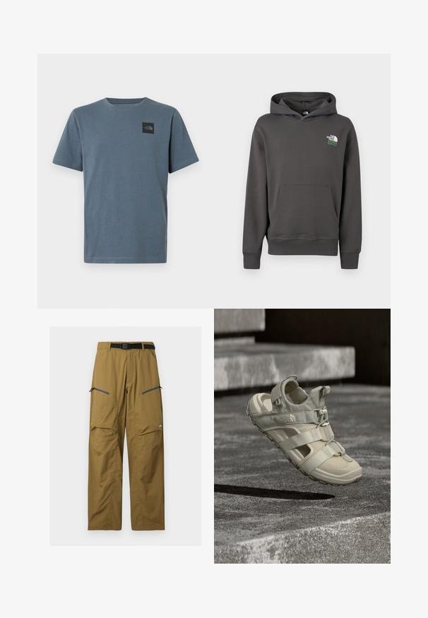 Sweat à capuche gris charbon avec poche avant et logo "The North Face 1966" sur le haut gauche de la poitrine.; T-shirt homme à manches courtes en coton bleu doux, avec un patch logo noir sur la poitrine gauche et un col rond.; Pantalon de plein air kaki avec ceinture noire réglable, deux poches zippées sur les cuisses et coutures au niveau des genoux, présenté sur un fond uni.; Sandale d'extérieur beige en matériau léger, dotée de panneaux en mesh, de sangles ajustables et d'une semelle en caoutchouc texturée avec un motif de bande de roulement.