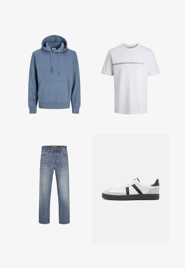 Blauwe pullover hoodie met voorzak, trekkoord aan de capuchon, geribde boorden en subtiel reliëflogo "Jack & Jones" op de borst.; Wit T-shirt met korte mouwen en ronde hals, met twee dunne horizontale grijze strepen en kleine "Jack & Jones" tekst op de borst.; Lichtblauwe rechte jeans gemaakt van denim, met een vervaagde wassing, vijf zakken, riemlussen en een rits met knoopsluiting.; Witte sneaker met zwarte en grijze accenten, voorzien van een grijze neus met textuur, zwarte rubberen zool en platte witte veters. Schoon ontwerp, minimalistische stijl.