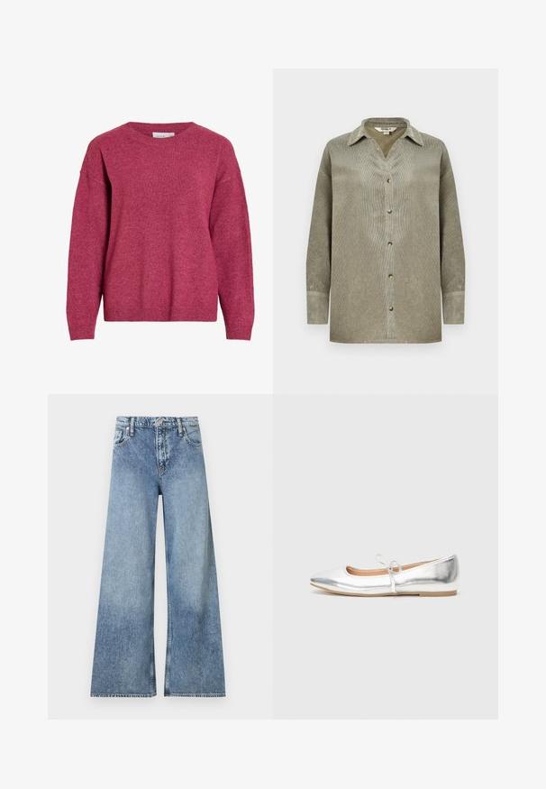 Langærmet crewneck-trøje i meleret mørkerød, med ribkant ved ærmer og kant, blødt strikket stof, afslappet pasform.; Olivengrønt kordfløjls skjorte med krave, frontknaplukning og lange ærmer. Struktureret stof og løs pasform.; Lyseblå, vidtbens denimjeans med forlommer, bæltestropper, knappelukning og falmet detaljer.; Sølv flad sko med spids tå, lavet af metallisk syntetisk materiale. Har en tynd strop med en dekorativ sløjfe. Glat tekstur.