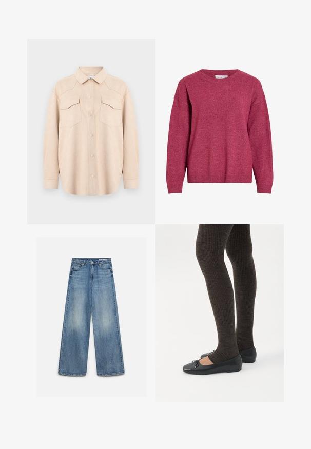 Pull à manches longues avec col rond en rose foncé chiné, poignets et ourlet côtelés, tissu en maille douce, coupe décontractée.; Chemise beige clair à manches longues avec col, fermeture à boutons et deux poches poitrine à rabat, présentée sur un fond clair uni.; Jean en denim bleu à jambes larges avec un effet délavé à l'avant, bouton avant, fermeture éclair et poches avant avec passants de ceinture.; Jambes portant des leggings côtelés foncés associés à des ballerines noires avec de petits détails en nœud sur fond blanc.