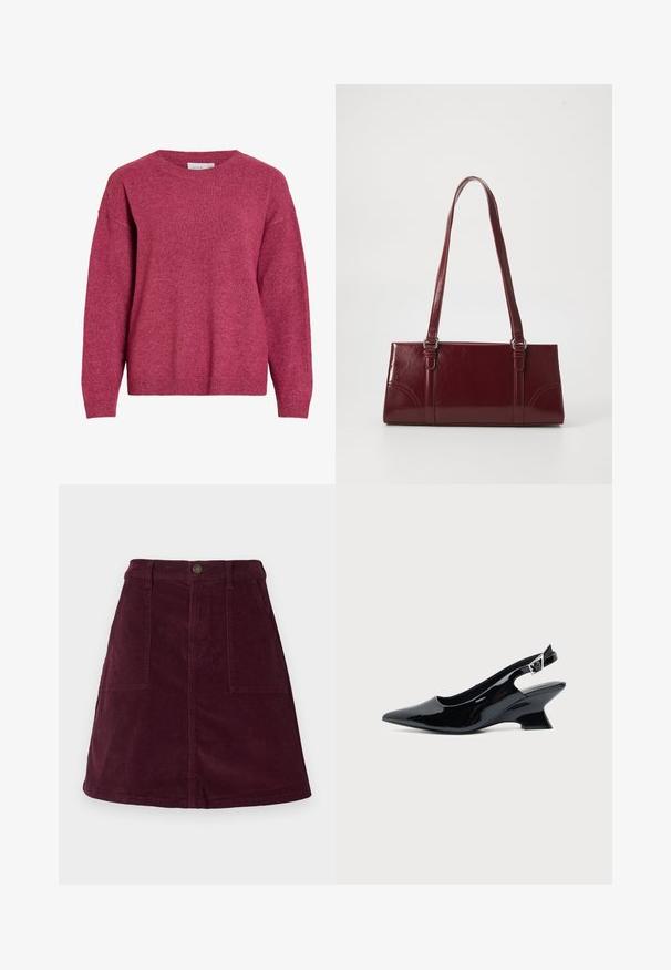 Pull à manches longues avec col rond en rose foncé chiné, poignets et ourlet côtelés, tissu en maille douce, coupe décontractée.; Jupe trapèze en velours côtelé bordeaux avec deux poches avant, une fermeture par bouton à la taille et une surface texturée.; Chaussure slingback en cuir verni noir avec bout pointu et petit talon bloc incliné sur fond clair uni.; Sac à main bordeaux en matériau brillant, de forme rectangulaire, avec deux anses et des accents légèrement courbés à l'avant.