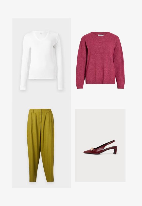 Pull à manches longues avec col rond en rose foncé chiné, poignets et ourlet côtelés, tissu en maille douce, coupe décontractée.; Chemise blanche à manches longues, col en V, ajustée, présentée à plat sur un fond blanc.; Pantalon tapered taille haute vert olive avec plis sur le devant et passants de ceinture, présenté à plat sur un fond blanc.; Escarpin slingback bordeaux en cuir verni à bout pointu, talon bloc bas, détail à clous dorés et bride réglable à boucle.